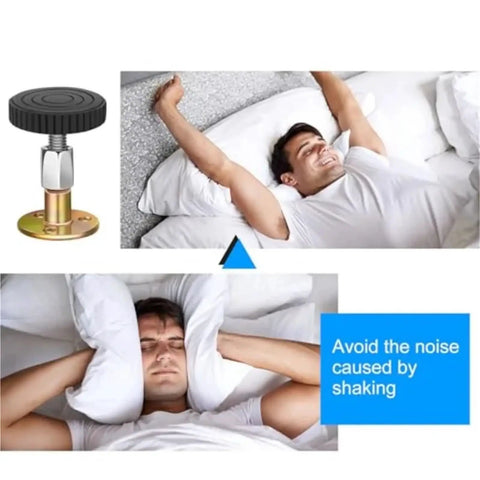 Adjustable Furniture Feet Set Of 12 for leveling beds, showing relaxed man waking up and man covering ears from noise