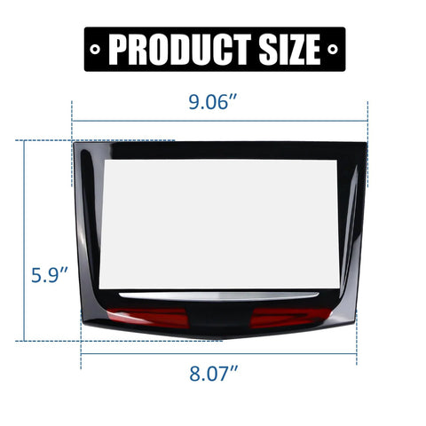 RANSOTO CUE touch screen display replacement front view; glossy black frame with white screen placeholder and size diagram (9.06" wide).