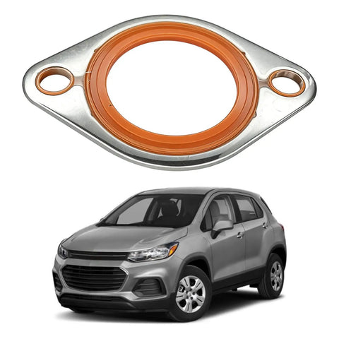 Reusable Thermostat Water Neck Housing Gasket With One Eighth Inch Beefy Aluminum Carrier And Molded Silicone Insert Heavy Duty Chevy SBC BBC Engine Water Pump Seal Replacement Orange, shown with SUV fitment