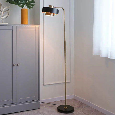 Felipe Floor Lamp With Tilting Head, Antique Brass Finish And Matte Black Accent, Mid Century Modern Style