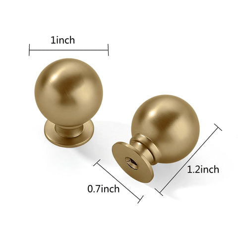 10 Pack 1 Inch Vintage Ball Knob Set In Brushed Brass For Cabinets And Drawers, top view showing size dimensions, zinc alloy.
