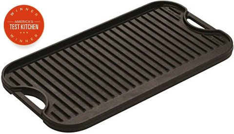 Dual Sided Cast Iron Grill And Griddle For Double Burner Stovetops With Reversible Surface showing grill side with ridges
