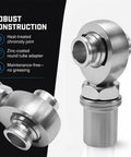 Beefy Heavy Duty Seven Eighths Inch UNC Fourteen Thread Heim Joint Rod End Kit For Steering And Suspension Fits One Point Five Inch Tubing Includes Spacers And Lock Nuts Steel Construction Delivers Reliable Long Term Performance, steel rod end close-up