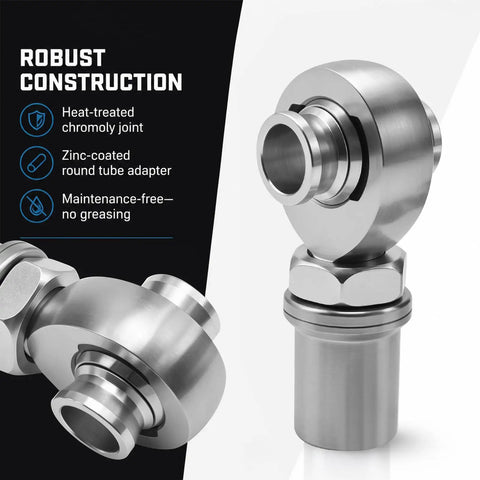 Beefy Heavy Duty Seven Eighths Inch UNC Fourteen Thread Heim Joint Rod End Kit For Steering And Suspension Fits One Point Five Inch Tubing Includes Spacers And Lock Nuts Steel Construction Delivers Reliable Long Term Performance, steel rod end close-up
