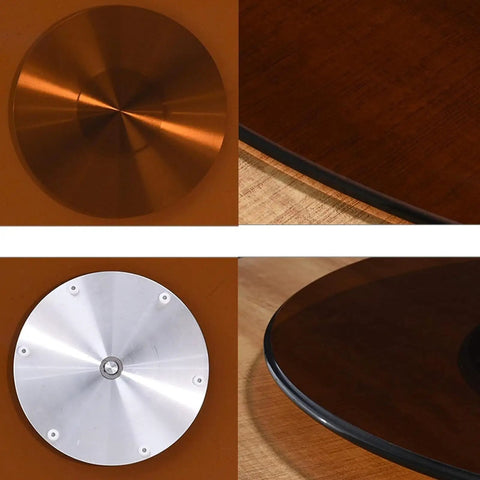 Brown Round Tempered Glass Lazy Susan Turntable for Dining Table with 360 Degree Rotation, glass and metal details