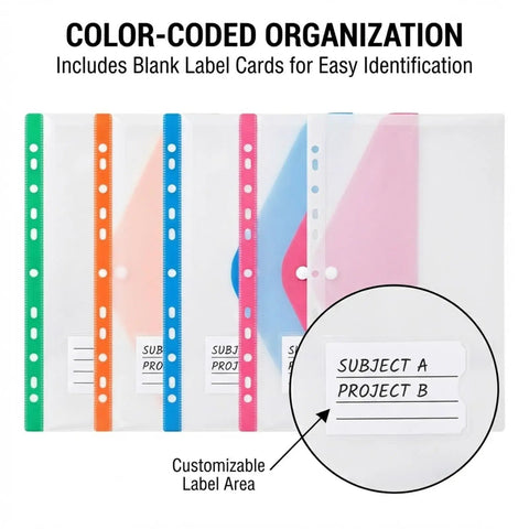 Expandable 11 Hole File Pockets For School And Office, assorted color plastic binder envelopes with customizable label slots.