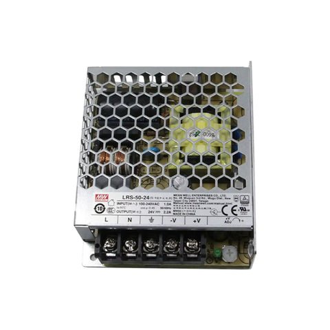 Rock Solid Heavy Duty 50W 24V Switching Power Supply Ultra Slim 1U Frame showing honeycomb design, input-output terminals and internal components.