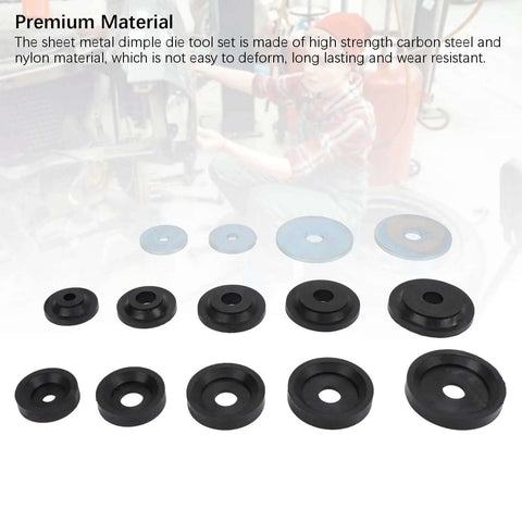 3D Printed Carbon Steel Dimple Die Set for Sheet Metal with Steel Backing Plates on display, showing various size dies.