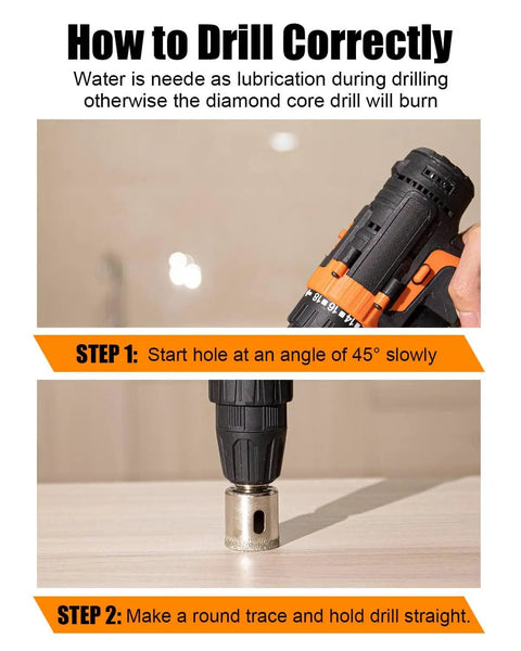 Instructional image showing how to use 15 Piece Diamond Hole Saw Drill Bit Set for Tile Glass Ceramic Porcelain Marble Granite Stone with Diamond Coated Bits