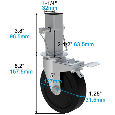 Heavy Duty Five Inch Scaffolding Casters Set Of Two Steel Baker Scaffold Wheels featuring detailed dimensions and sturdy design.
