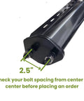 Close-up of 30 Inch 45 Degree Angled Spring Loaded Mud Flap Hanger Built Tough With Heavy Duty Black Powder Coated Steel, 2.5 Inch Bolt Spacing