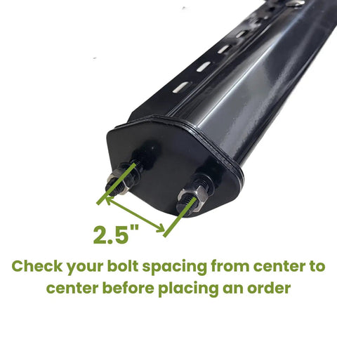 Close-up of 30 Inch 45 Degree Angled Spring Loaded Mud Flap Hanger Built Tough With Heavy Duty Black Powder Coated Steel, 2.5 Inch Bolt Spacing