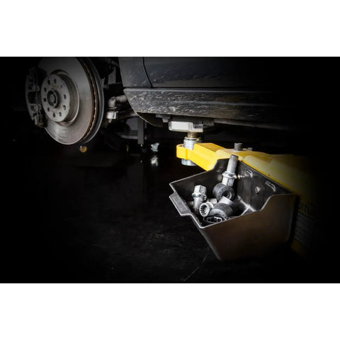 Grab And Go Magnetic Lug Bucket Parts Holder With Three Heavy Duty Neodymium Magnets mounted on car lift holding bolts