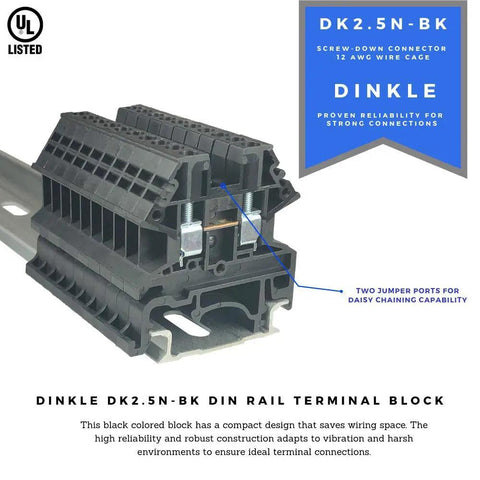 Side view of DK2.5N-BK DIN Rail Terminal Block Screw Type UL Listed 600V 20A 12-22AWG with jumper ports for daisy chaining.