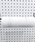 Extendable Pegboard Paper Towel Holder For Workshop And Home Adjustable From 11 To 14 Inches All Steel Pegboard Hook With Sleek Satin Finish Keeps Paper Towels Handy In Garage Kitchen Laundry Room And Bathroom, shown on pegboard with paper towel roll.