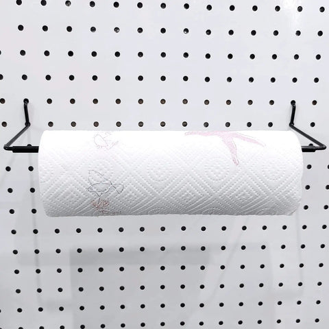 Extendable Pegboard Paper Towel Holder For Workshop And Home Adjustable From 11 To 14 Inches All Steel Pegboard Hook With Sleek Satin Finish Keeps Paper Towels Handy In Garage Kitchen Laundry Room And Bathroom, shown on pegboard with paper towel roll.