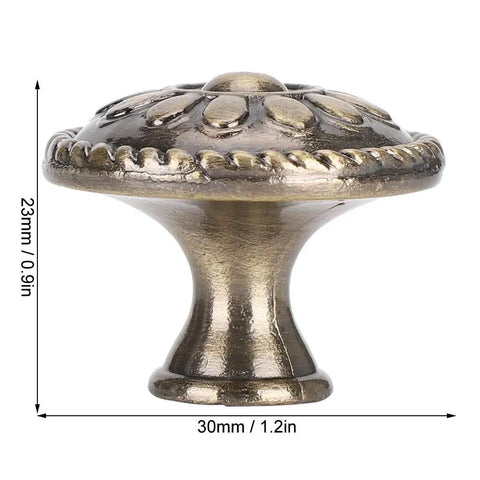 Retro Zinc Alloy Cabinet Pull Handles Set, 10 Pack, 17x10x9, Antique Brass Finish, close-up of a single drawer knob with measurements