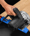 Adjustable Circular Saw Guide Rail For 4 To 6 Inch Base Wood Cutting Milling Positioning Clamp Electric Saw Alignment Tool Easy Setup For Precise Cuts Compatible With Dust Type 4 To 6 Inch Machines And Marble Cutters Blue in use on wood surface