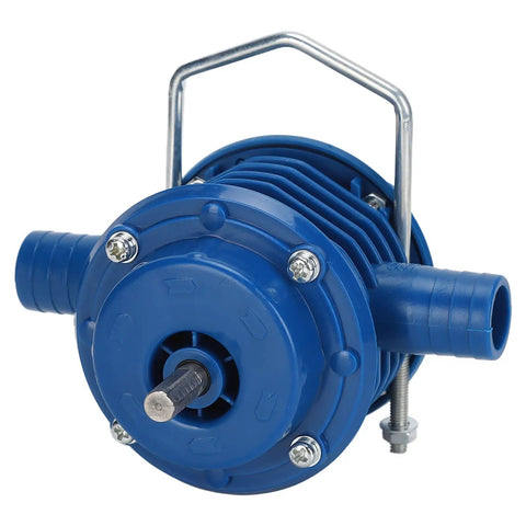 Kickass Self Priming Drill Pump For Fast Water Transfer Fits 350 Watt Electric Drills Built Tough With Durable Abs And Stainless Steel For Yard Or Pool Draining Projects, blue design with fittings.