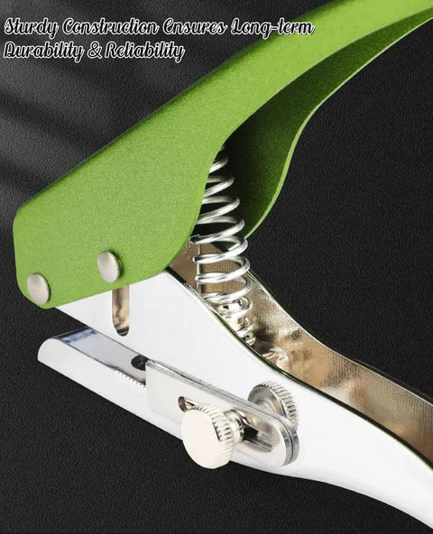 Close-up of a heavy duty single hole punch with green handle, ergonomic zinc alloy design, for 8mm holes in cards and crafts.