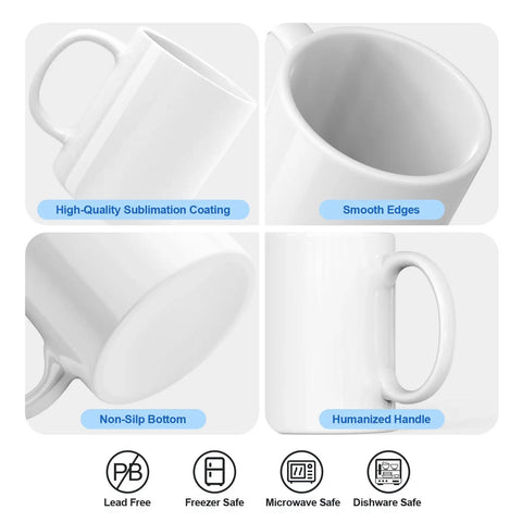 11 Oz Sublimation White Ceramic Mugs Set Of 24 Blank Coffee Cups with smooth edges, non-slip bottom, humanized handle, sublimation coating.