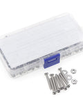 Top Shelf Three Zero Four Stainless Steel SixThirtyTwo Unc Phillips Pan Head Screw Hex Nut And Flat Washer Assortment Kit in clear storage case