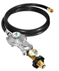 GasSaf 5ft two-stage propane regulator with gauge and hose, POL connection, aluminum body, black hose