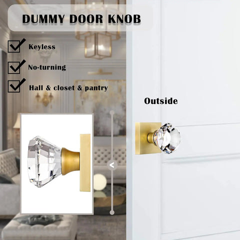 Crystal Glass Dummy Door Knob Set With Satin Brass Finish on interior door highlighting non-turning feature in elegant room.
