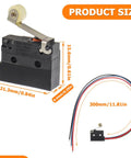 Product dimensions for two pack micro limit switches with roller lever arm SPDT 1NO 1NC pre wired 3 pin 6A at 12V DC or 5A at 250V AC durable microswitches.