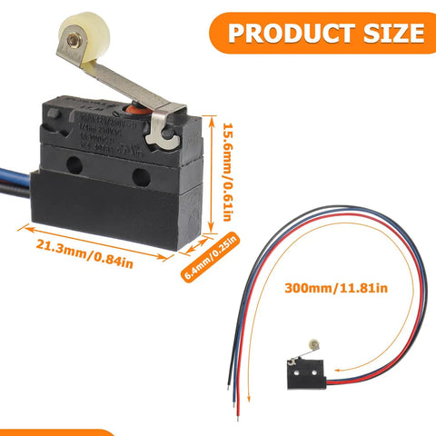 Product dimensions for two pack micro limit switches with roller lever arm SPDT 1NO 1NC pre wired 3 pin 6A at 12V DC or 5A at 250V AC durable microswitches.