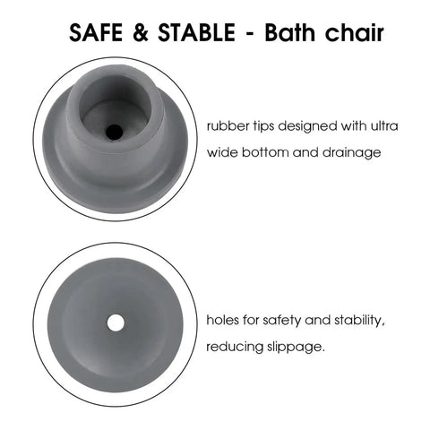Top view and side view of gray rubber replacement feet for shower chair, featuring large base and drainage holes for stability.