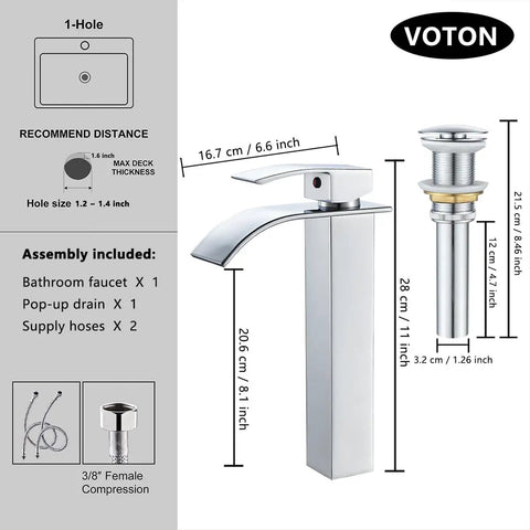 Chrome Vessel Sink Faucet Tall Modern Waterfall With Pop Up Drain Single Handle 1 Hole Vanity Lavatory Faucet dimensions