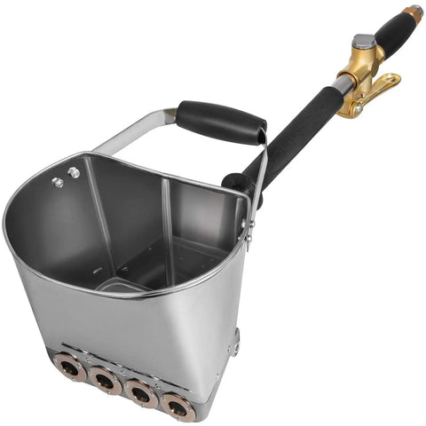 Job Site Ready Three Horsepower Stucco Sprayer With Four Jet Nozzles And Stainless Steel Body showing close-up of the metal hopper.