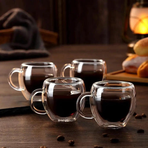 Double Wall Insulated Espresso Cups Set Of Two Borosilicate Glass Demitasse Mugs With Handle Heat Resistant Shot Glasses Straight Up Kitchen Essential Microwave Safe Daily Grind Must Have on a wooden table.