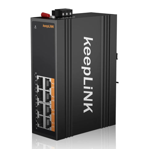 Industrial 8 Port Gigabit DIN Rail Switch Unmanaged With IP40 Protection, durable design, front view, multiple RJ45 ports visible.