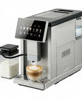 Top Shelf Super Automatic Espresso Maker With Built In Grinder And Dual Boiler Milk Frother brewing coffee with milk container in silver finish.