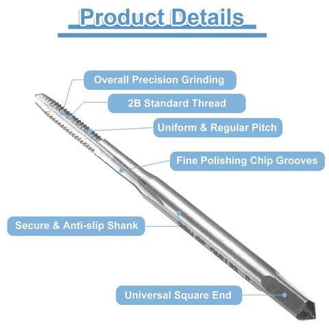 8 Piece Set Straight Flute Thread Taps For 2 56 UNC Right Hand Threading High Speed Steel HSS 6542 with details labeled