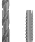 Top Shelf 1/2-13 Plug Tap And 27/64 Inch Drill Bit Combo Set For Nailing Right Hand Internal Threads And Cranking Out Precision Holes With Zero Hassle Today. Side view of steel plug tap and drill bit.