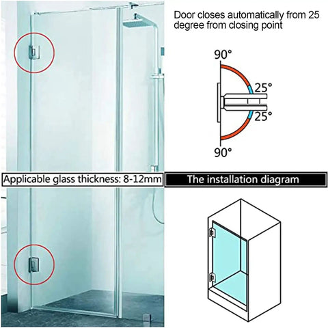 Soft Close Shower Door Hinges Set Stainless Steel 2 Pack 90 Degree Frameless Glass Clamp For 8 To 10mm Thick Glass Wall Mount Two Way Bathroom Hardware Rust Resistant, showing hinge detail and installation diagram.