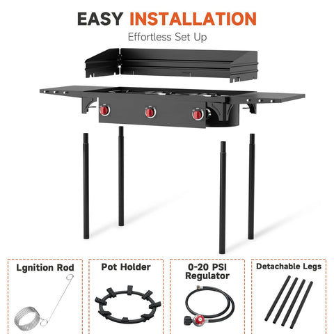Three Burner Propane Stove with 225000 BTU High Pressure Output, windscreen, shelves, 0-20 PSI regulator, heavy duty, easy installation
