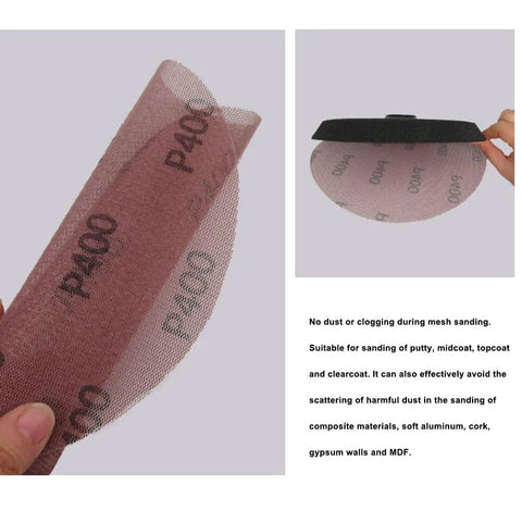 Top Shelf Nine Inch Mesh Sanding Discs With Hook And Loop Backing for Random Orbit Sanders, showing P400 grit mesh disc for dust-free sanding.