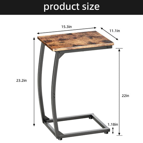 Set Of 2 C Shaped End Tables For Couch With Curved Legs Space Saving Under Sofa Side Tables Slide Under Sofa Or Bed TV Tray Table For Living Room And Bedroom Rustic Brown Finish Adjustable Feet shown with dimensions