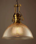 Retro Dome Pendant Light With Ribbed Glass In Brass Finish, 12 Inch Wide By 19 Inch High Hanging Lamp, warm lighting view