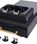 Automatic Electric Portafilter Cleaner For 58mm Espresso Baskets Includes Knock Box And Deep Brushes showing black design with brushes.