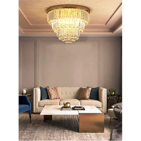 Modern K9 Crystal Gold Flush Mount Chandelier With 6 Lights, 3 Tier Round Ceiling Fixture in a living room, Brass Gold Finish