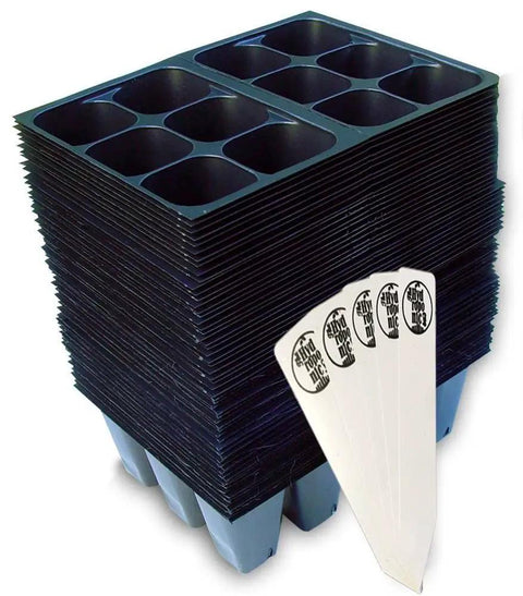 Ultimate Seed Starter Tray Kit With 720 Cells Across 120 Trays Six Cells Per Tray And Plant Stakes, stacked view