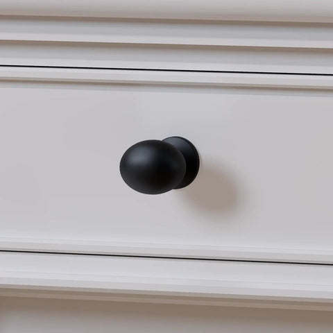 Legit Heavy Duty Matte Black Cabinet Knobs And Drawer Handles 5 Pack Solid Aluminum Pulls Smooth Edges No Brainer Setup Kitchen Cupboard Hardware Upgrade Project on white drawer front.