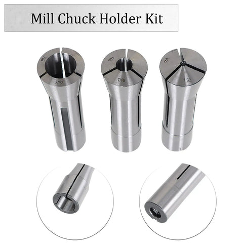 R8 Collet Set 29-Piece 1/32 Inch to 1 Inch Mill Collets Kit in Steel for Mill Machine with Chuck Holder, three collets shown