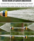 Heavy Duty Metal Hose Reel Cart, Built Like A Tank Outdoor Garden Drum, close-up of rotating spray nozzle with water adjustments.