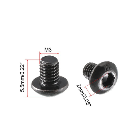 Top Shelf Black Oxide M3 X 4mm Metric Hex Socket Button Head Screws 100 Piece Grade 109 Alloy Steel Hardware Kit shown with measurements.
